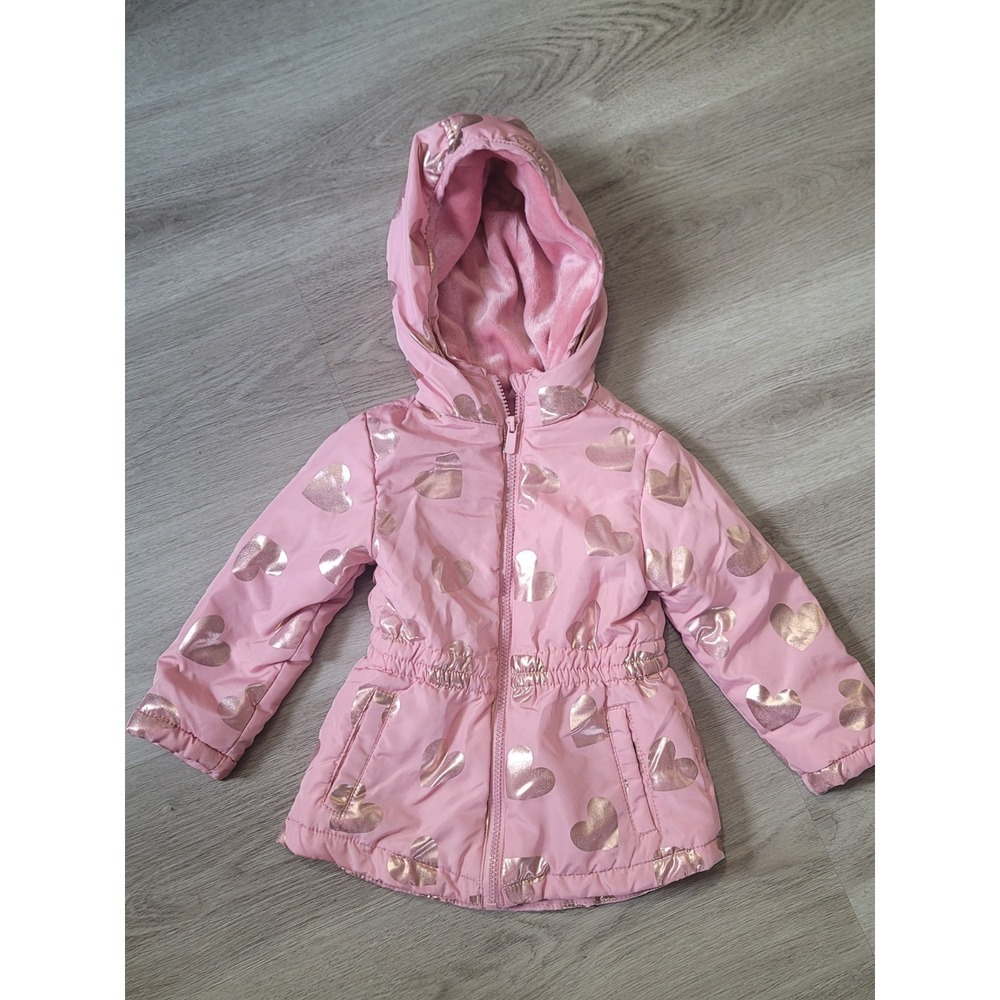 Btween Toddler Girls Pink Metallic Rose Gold Heart Puffer Winter Coat Jacket 2T
